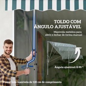 Toldo Manual Retrátil 200x150 cm com Manivela de Alumínio Ângulo Ajustável Proteção Solar para Varanda Verde e Branco