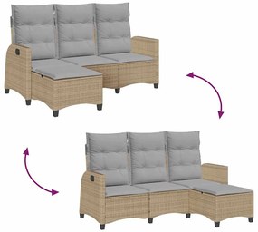 Sofá de jardim reclinável em forma de L com almofadões vime PE