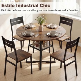 Mesa redonda de 120 cm com prateleira em malha (CADEIRAS INCLUIDAS) e estrutura metálica com travessas de madeira para 4-6 pessoas, castanho rústico e