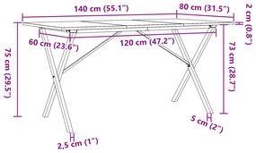 Mesa de jantar estrutura em X 140x80x75cm pinho e aço