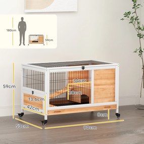 Coelheira de Madeira Gaiola de para Pequenos Animais Portátil com Teto Abatível Rampa Bandeja Amovível 90x53x59cm Madeira