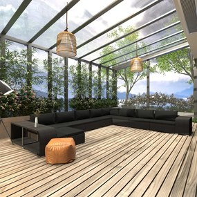 11 pcs conjunto lounge de jardim c/ almofadões vime PE preto
