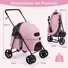 Carrinho para Animais de Estimação, 80 x 57 x 100 cm, Dobrável, Rosa