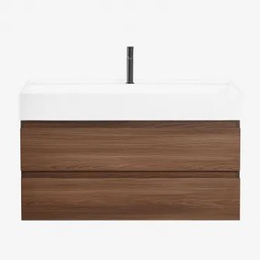 Conjunto De Móvel De Casa De Banho Suspenso Em Madeira E Folha De Freixo Com Lavatório Integrado Ona Madeira Escura & Sem Espelho & Preto - Sklum