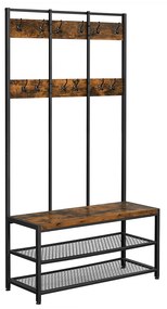 Cabideiro de hall com banco para sapatos em design industrial | VASAGLE | 100 x 40 x 184 cm | marrom antigo|preto | HSR86BX.
