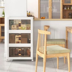 Conjunto de 3 caixas arrumação empilháveis com portas de rodas com fecho e tampas dobráveis em PP para o quarto 49,5 x 31,5 x 86 cm  Branco