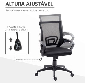 Cadeira de Escritório de Malha Giratória com Altura Ajustável Função Basculante e Apoio para os Braços 57x55x89-109 cm Preto