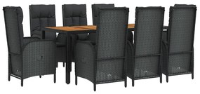 9 pcs conjunto de jantar p/ jardim c/ almofadões vime PE preto