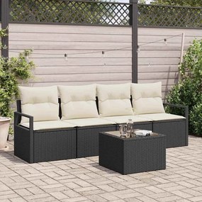 Conjunto de Sofás de Jardim de 5 Peças com Almofadas Preto Vime Sintético