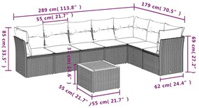 8 pcs conjunto sofás p/ jardim c/ almofadões vime PE cinzento
