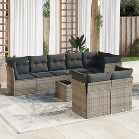 9 pcs conjunto sofás p/ jardim com almofadões vime PE cinzento