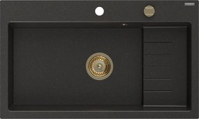 Mexen Omar lava-loiça de granito 1-cuba 800 x 480 mm, preto/dourado metalizado, sifão dourado - 6520801005-75-G