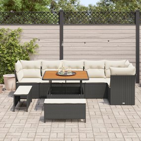 Conjunto de Sofá de Jardim vidaXL 9 Peças com Almofadas Preto Poliratt