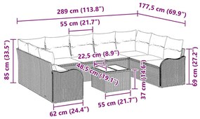 Conjunto de sofá de jardim com 9 peças e almofadas cinzas em poliratan