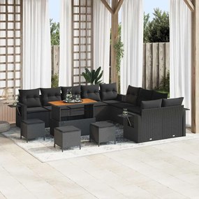 Conjunto de Sofá de Jardim vidaXL de 14 Peças com Almofadas Preto Vime Poliéster Acácia