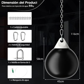 Saco de boxe com água 45cm 50kg Saco de pancadas pesado com corrente de metal ajustável para treino para adultos e crianças preto