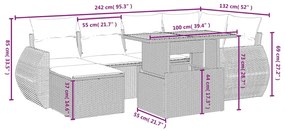 7 pcs conjunto sofás p/ jardim c/ almofadões vime PE cinzento