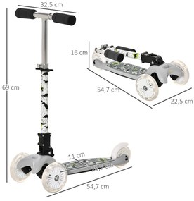 HOMCOM Trotinete para Crianças acima de 3 Anos Dobrável Trotinete com 3 Rodas com Luzes LED Guiador com Altura Ajustável e Freio Posterior Carga Máxima 50kg 54,7x32,5x59-69cm Cinza