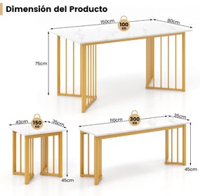 Conjunto de jantar 4 peças Mesa retangular com banco e 2 bancos Pernas de metal em grão de mármore Branco + dourado