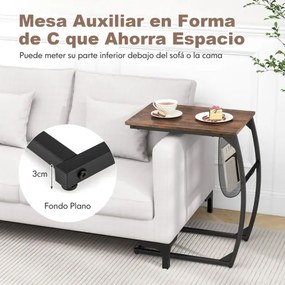 Mesa de apoio em forma de C com estrutura metálica e bolsa de rede 56 x 35 x 64 cm Castanho rústico