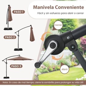 Guarda-sol 300 x 260 cm com base, iluminação LED, 9 modos, ajuste fácil da inclinação, rotação de 360° Café