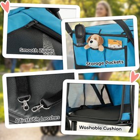 Carrinho para Cães Dobrável com 3 Rodas Janelas de Rede Almofada Lavável Todo o Terreno Carga 20 kg 92x63x95 cm Azul