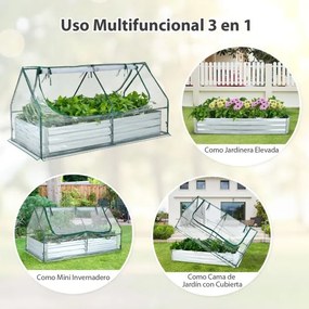 Canteiro elevado de 2 níveis com cobertura de estufa e janelas de enrolar Floreira sem fundo Rega fácil 180 x 90 x 91 cm