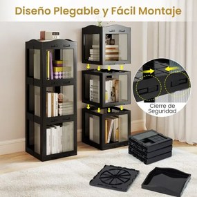 Estante com base giratória giratória 360° com 3 níveis em Plástico dobrável 36,5 x 36 x 108 cm com prateleiras Preta