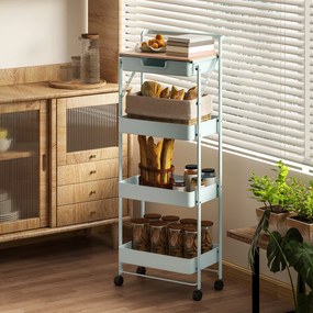 Carrinho de arrumação com rodas 45 x 29,5 x 117,5 cm, 4 níveis, com gaveta, tabuleiro e cestos, verde