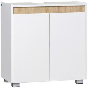 Móvel para Lavatório Pousar Armário Casa de Banho com 2 Portas e Armazenamento Interior Anti-Tombo 57x33x60cm Branco e Madeira