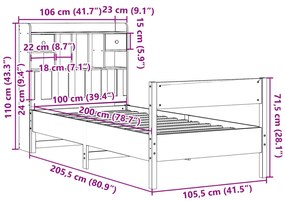 Cama c/ estante sem colchão 100x200cm pinho maciço castanho-mel