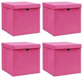 Caixas de arrumação com tampas 4 pcs 32x32x32 cm tecido rosa