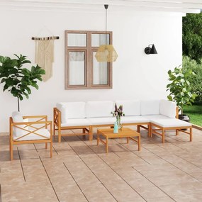 7 pcs conj. lounge de jardim + almofadões cor creme teca maciça