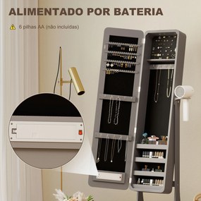 Espelho para Joias com Luzes LED Armário para Joias com Espelho de Corpo Inteiro Ajustável Gaveta Luzes com Desligar Automático Cinzento