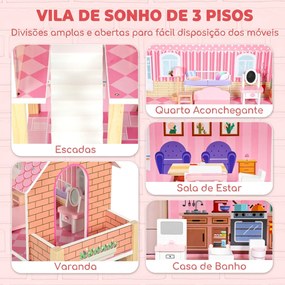 Casa de Bonecas de Madeira com 3 Andares, Varanda, Escadas e 10 Móveis, Brinquedo de Faz de Conta para Crianças 3-6 Anos, Rosa