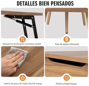 Mesa de centro elevável com barras pneumáticas de arrumação 2 compartimentos ocultos Mesa de apoio para sala de estar 120 x 49 x 42 cm Castanho