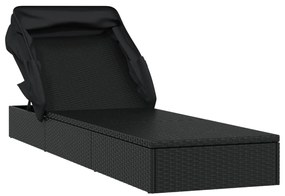 Espreguiçadeira c/ teto dobrável 213x63x97 cm vime PE preto
