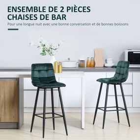 Conjunto de 2 bancos de bar, com assento em veludo acolchoado e pés em aço, altura 77 cm, verde escuro