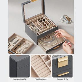 Caixa de jóias com 3 níveis 20,3 x 23,1 x 13,5 cm cinzento + dourado