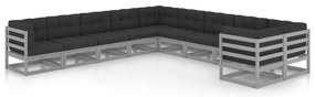 10pcs conjunto lounge de jardim + almofadões pinho maciço cinza