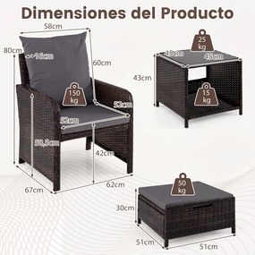 Conjunto de 5 Peças de Mobiliário de Jardim, 2 Cadeiras, Mesa e 2 Apoios para os Pés, 45,5 x 45,5 x 43 cm, Rattan PE Resistente, Cinzento