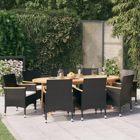 vidaXL 9 pcs conjunto de jantar para jardim com almofadões preto