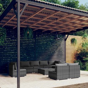 vidaXL 10 pcs conjunto lounge de jardim c/ almofadões vime PE cinzento