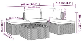 5 pcs conjunto lounge de jardim c/ almofadões vime PE cinzento