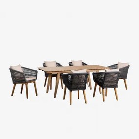 Conjunto De Mesa Extensível De Madeira (150-200x90 Cm) Naele E 6 Cadeiras De Jantar Barker Cinza Antracite - Sklum