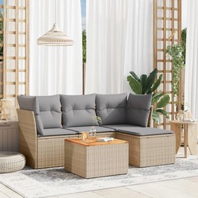 5 pcs conj. sofás jardim c/ almofadões vime PE bege misturado