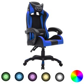 Cadeira estilo corrida c/ luzes LED RGB couro artif. azul/preto
