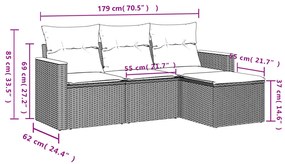 4 pcs conjunto sofás de jardim c/ almofadões vime PE cinzento