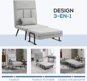 Poltrona convertível 3 em 1 em cama individual com encosto reclinável em 5 posições, braços e almofada, tecido com efeito de veludo, cinzento