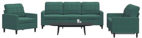 3 pcs conjunto de sofás com almofadões veludo verde-escuro